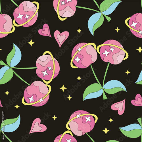 Groovy space planet saturn shape cherry berry in starry black night sky vector seamless pattern. Retro 60s 70s 80s galaxy universe celestial background.
