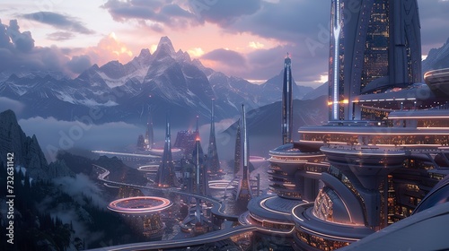 Futuristic city nestled in the Alps, blending advanced architecture with natural beauty, dusk setting with neon lights