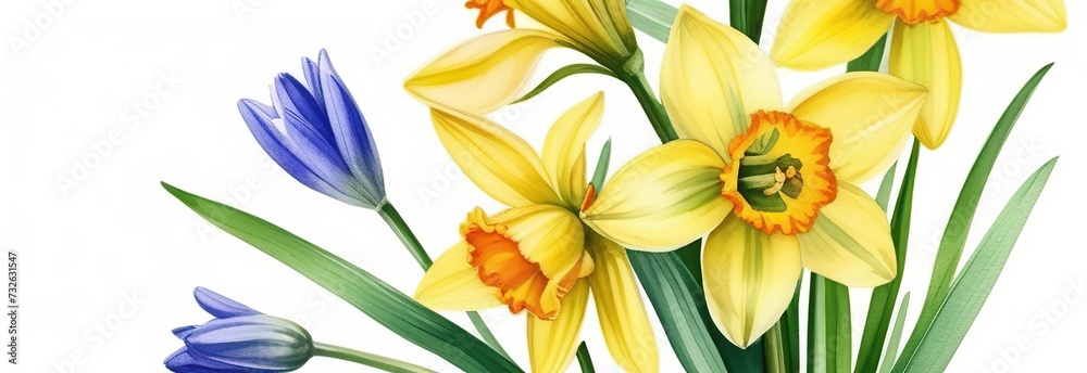 Obraz premium Postcard international women's day, flowers, chocolates, daffodils and scilla (oriental camas), vector watercolor illustration on a white background. Watercolor