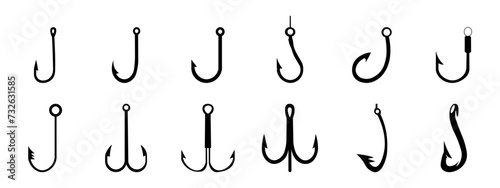 Set of fishing hooks vector illustration, set of hooks for fishing, hooks of different shapes for fish on a white background, Fish, Fishing, Hook vector icons eps10
