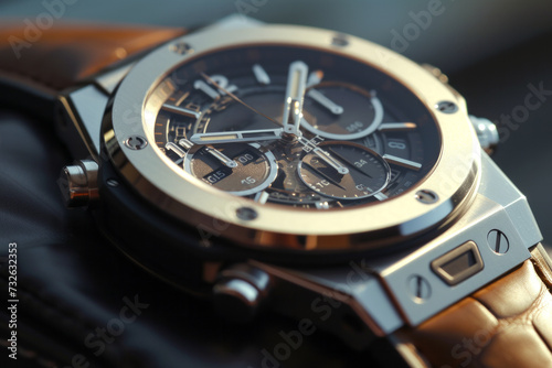 Luxurious men's watch with a leather strap, a very close view
