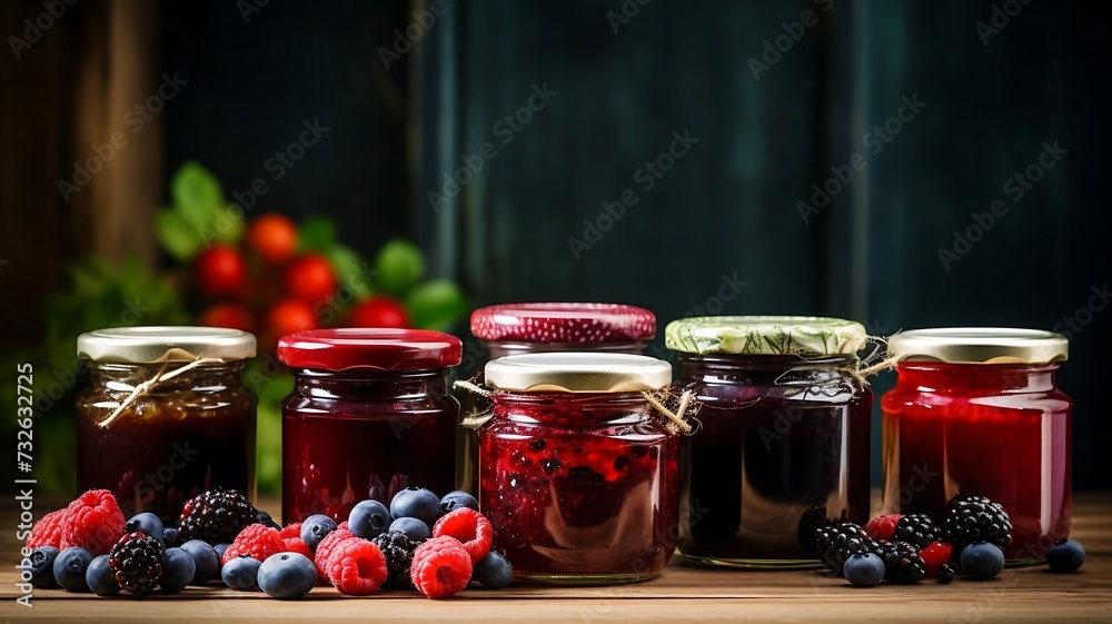 assortment of jams in glass jars on wooden table, closeup assortment of jams in glass jars on wooden table, closeup