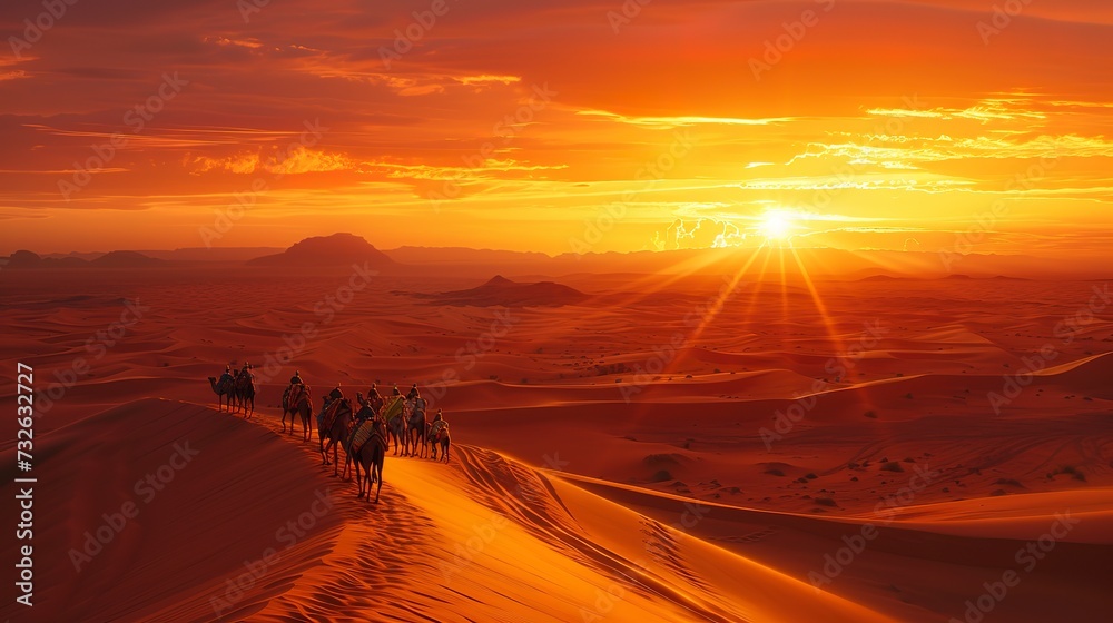 Golden hour over the Sahara, soft light casting long shadows on the sand dunes, a camel caravan in the distance