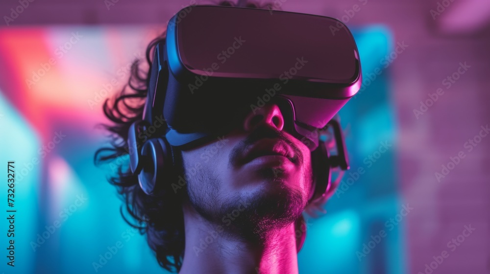Young man in VR headset on red background. Immersive experience of virtual reality in neon style. Young man in VR headset on red background. Immersive experience of virtual reality in neon style.