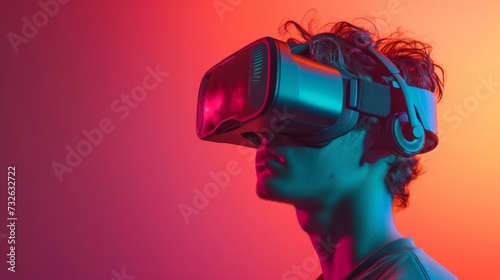 Young man in VR headset on red background. Immersive experience of virtual reality in fashion editorial style. © Vladimir
