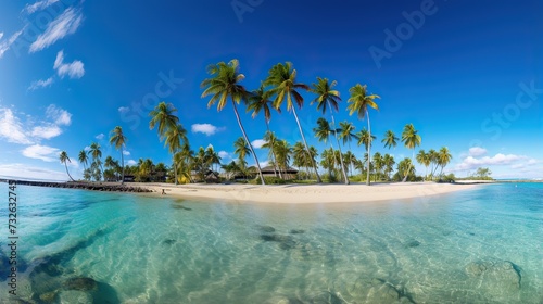 beach views with coconut trees, bright blue skies, stunning tropical beach views. Clear white sand beach on a summer day.