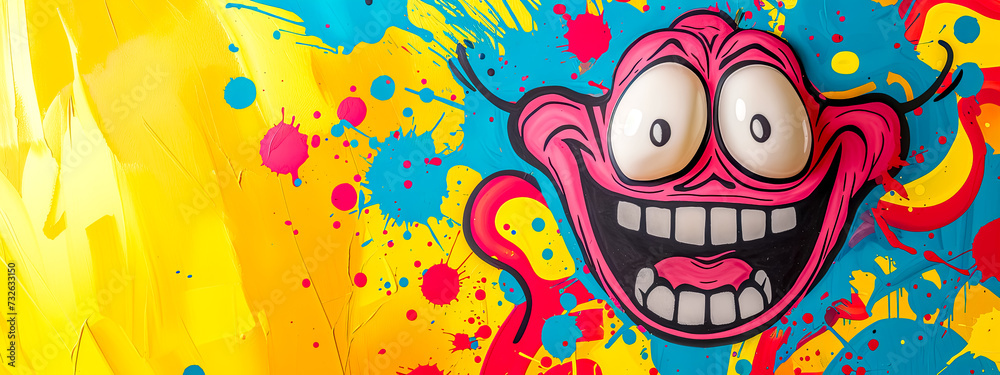 Happy cartoon face painted with vibrant magenta art on colorful background, retro, copy space