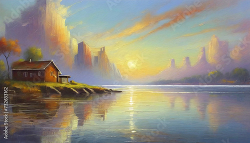 Oil painting of serene sunset over lake or river, evening sky reflection, house by the water, natural beauty