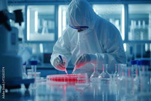 Scientist in laboratory wearing protective suit taking virus sample or doing research on hot substances with test tubes and red liquid in laboratory. Theme of chemistry and biochemistry research
 photo