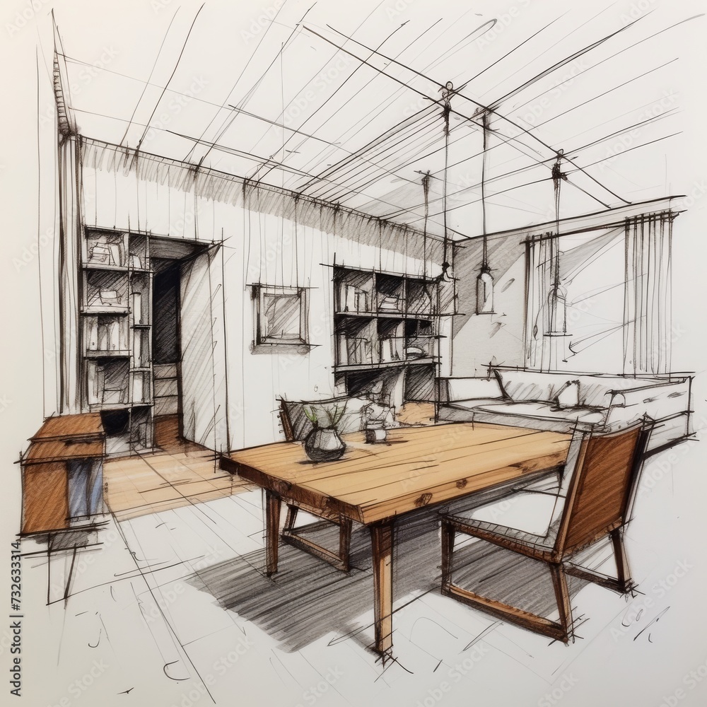 Hand-drawn sketch of architecturally styled living room Hand-drawn sketch of architecturally styled living room