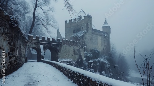 Historic castle surrounded by a snowy landscape, ancient walls covered in snow, a timeless winter wonderland 