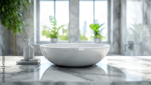 White bathroom marble countertop with blurred window background
