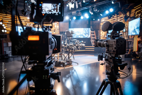 News studio backroom view with cameras
