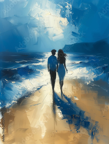 Couple walking  waves and horizon shoreline   reflecting bright style -  Generative AI