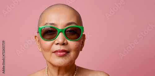 Portrait of Bald naked woman 50 year old Asian wearing green sunglasses on isolated pink background. Portrait banner woman summer