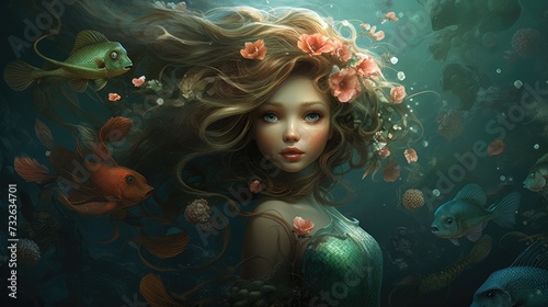 Unique mermaid adorned with flowers and fish.