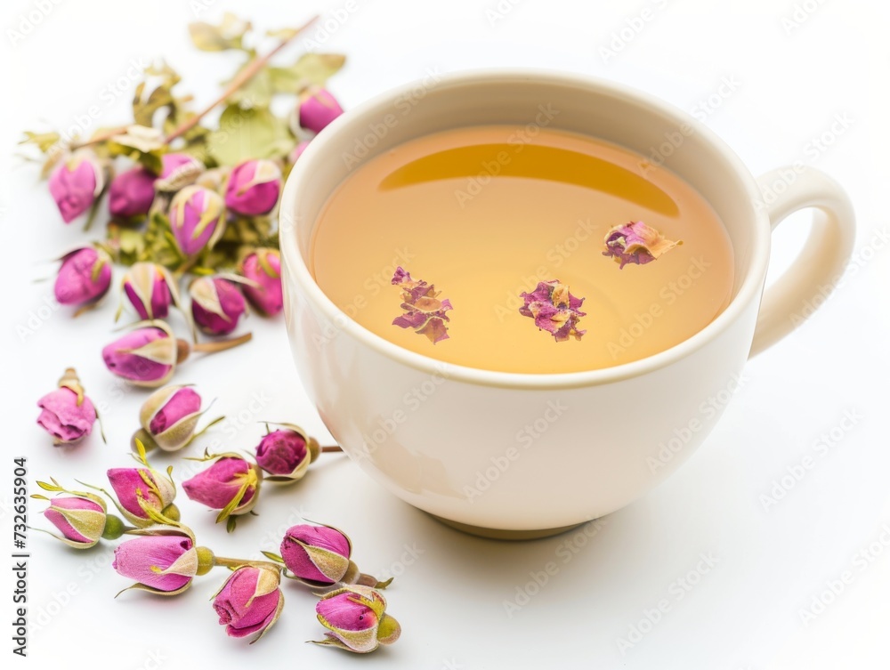 Cup of tea with delicate rosebuds Cup of tea with delicate rosebuds