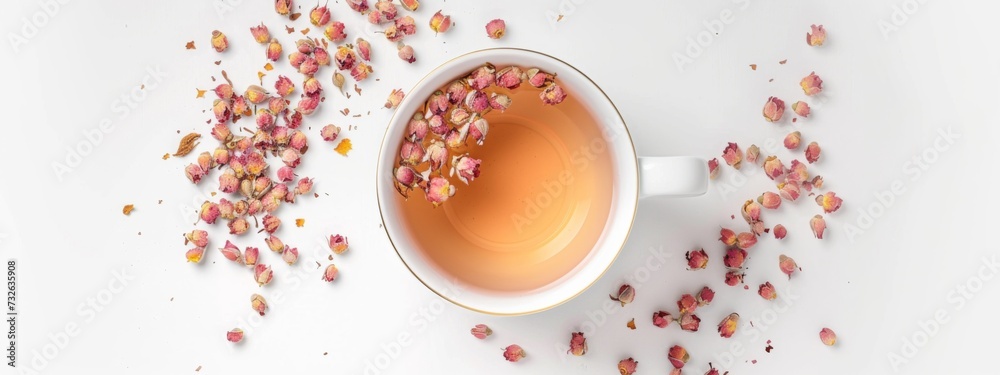 Cup of tea with delicate rosebuds Cup of tea with delicate rosebuds