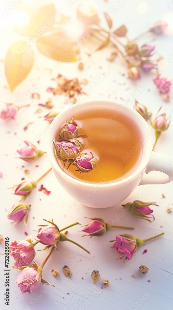 Cup of tea with delicate rosebuds Cup of tea with delicate rosebuds