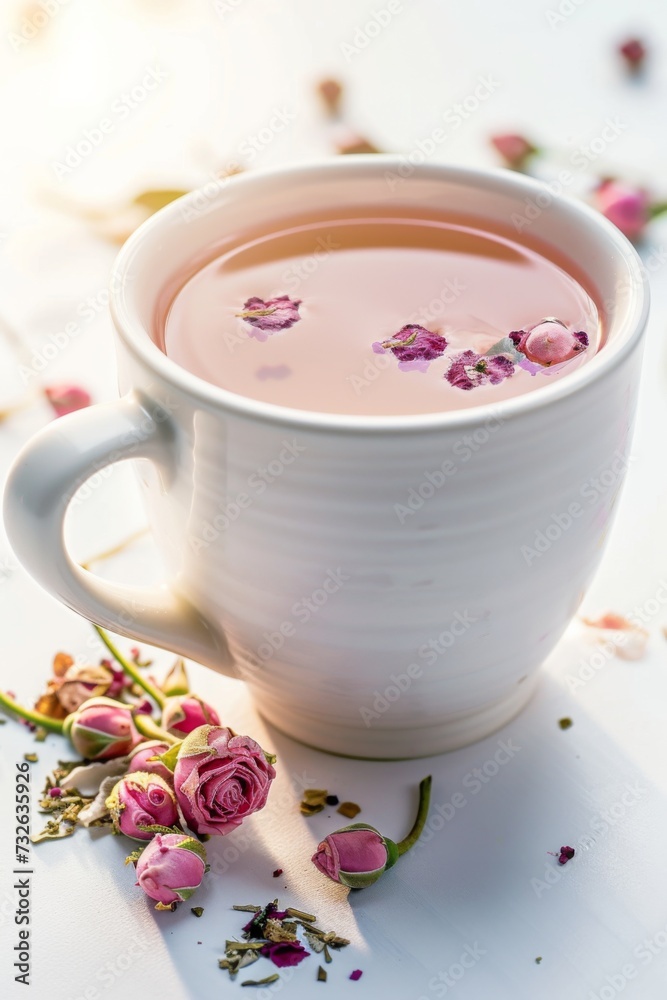 Cup of tea with delicate rosebuds Cup of tea with delicate rosebuds