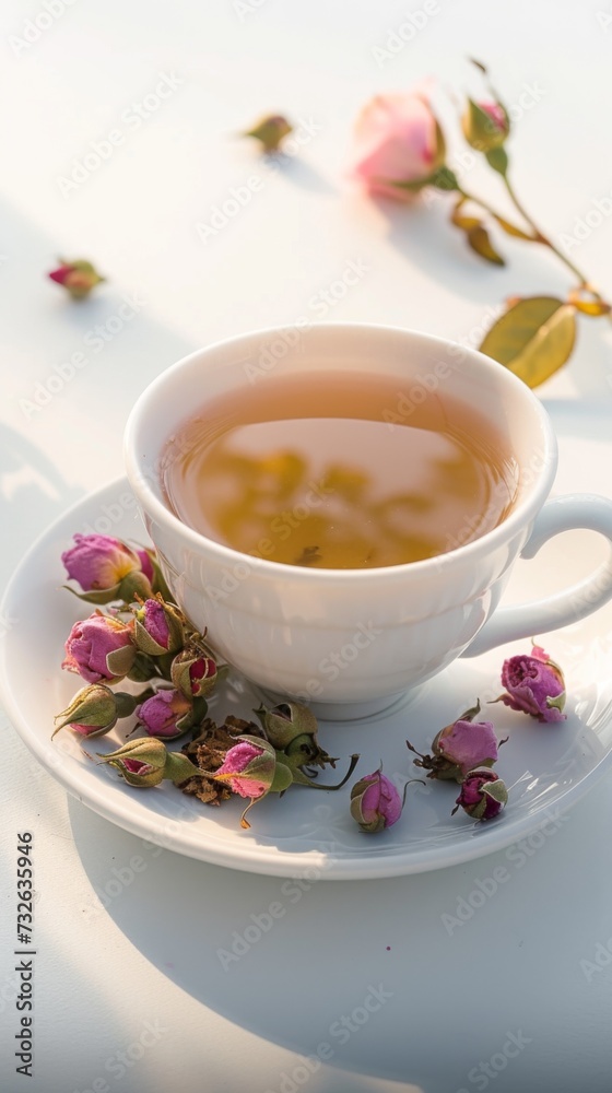 Cup of tea with delicate rosebuds Cup of tea with delicate rosebuds