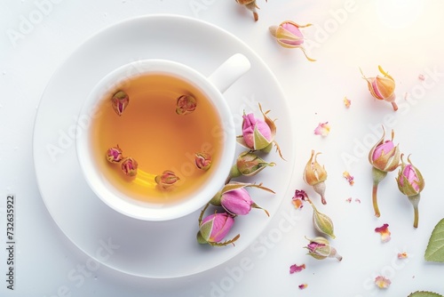 Cup of tea with delicate rosebuds