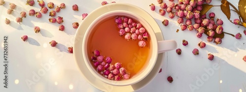 Cup of tea with delicate rosebuds