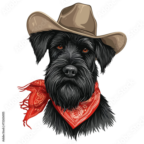 Black Russian Terrier Dog Head wearing cowboy hat and bandana around neck