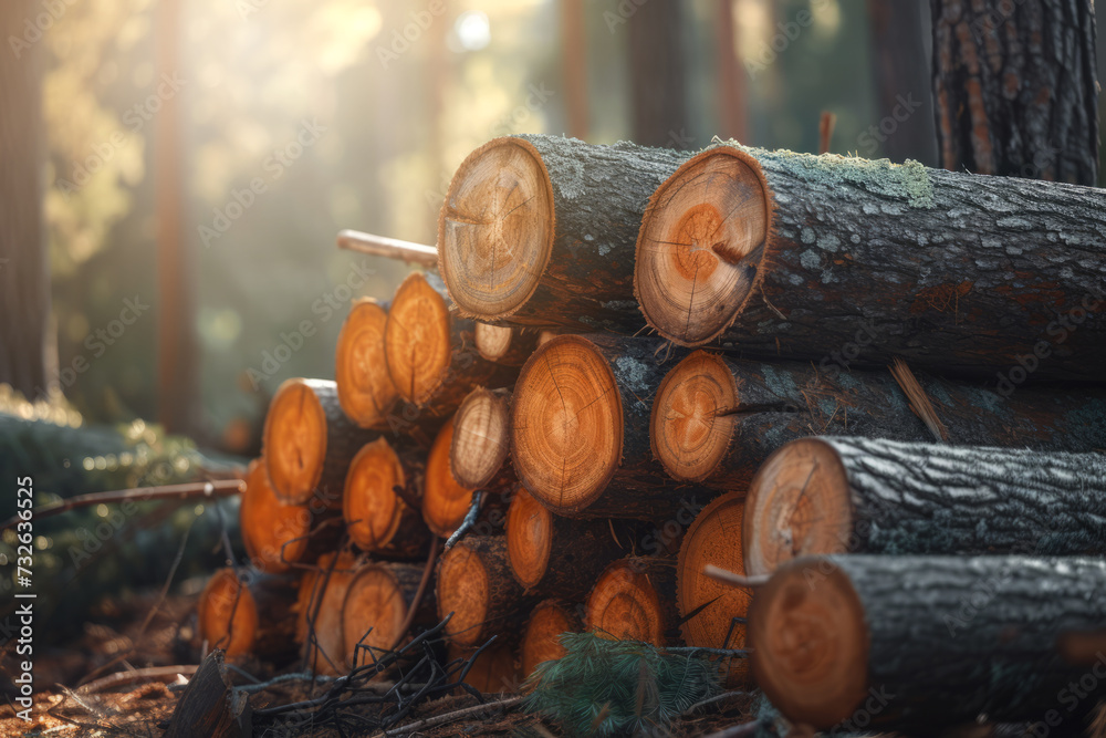 Logs of freshly cut trees on a pile in the forest, the motif of forest clearing and wood storage
