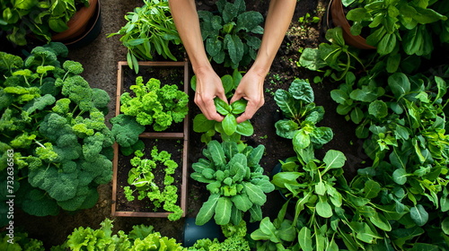 A gardener's hands carefully tend to a vibrant variety of leafy greens in a lush home garden environment.