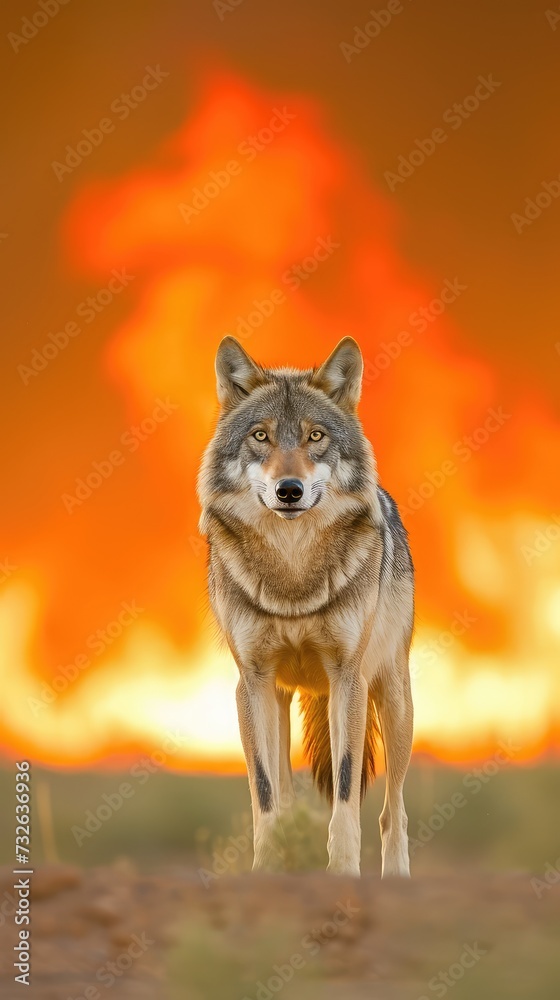 A wolf runs from a forest fire. Animals escape from fire A wolf runs from a forest fire. Animals escape from fire