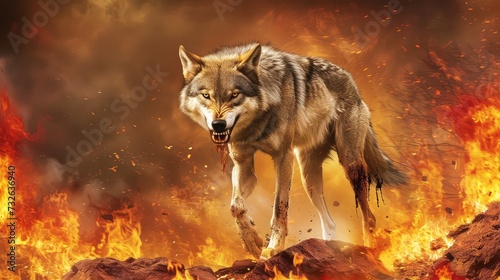 A wolf runs from a forest fire. Animals escape from fire