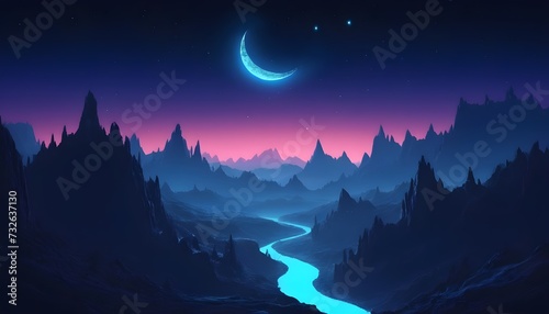 Fantasy night landscape with a crescent moon, a large fault in the earth, a ravine, blue neon. © Antonio Giordano