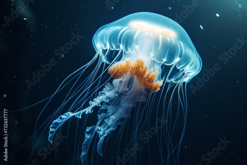 beautiful light blue jellyfish underwater in the ocean or sea. Copy space 
