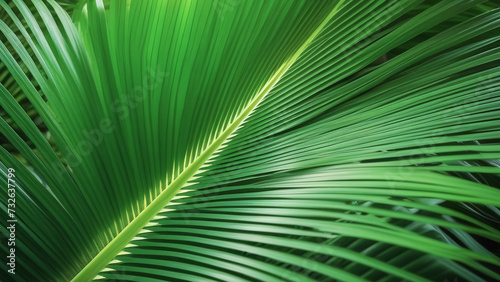 Close-up of a palm leaf. Green background with leaves of a tropical plant. Floral pattern background