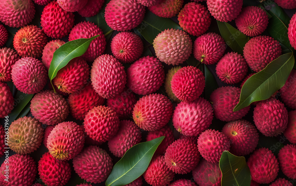 Close-up of Lychee Fruit Pile with Leaves