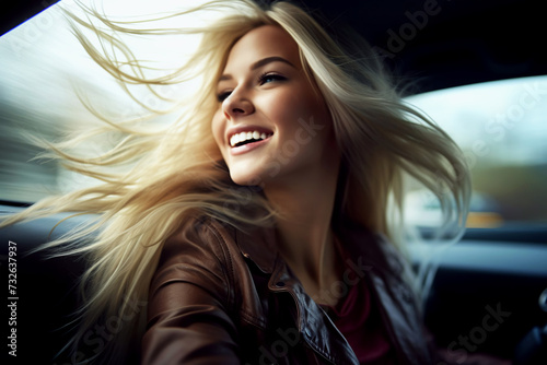 Attractive blonde woman with flying hair in a car. Traveling by car.