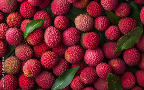 Close-up of Lychee Fruit Pile with Leaves