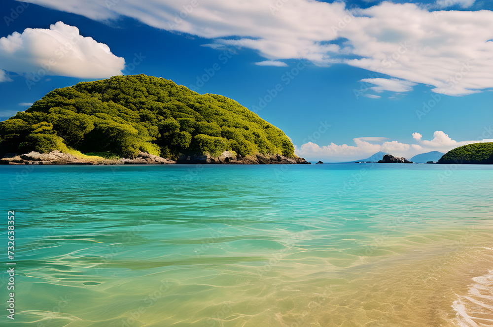Panoramic View of Pristine Beach: Turquoise Waters Meet Golden Sands Beneath Clear Blue Sky - Nature's Tranquil Haven Panoramic View of Pristine Beach: Turquoise Waters Meet Golden Sands Beneath Clear Blue Sky - Nature's Tranquil Haven