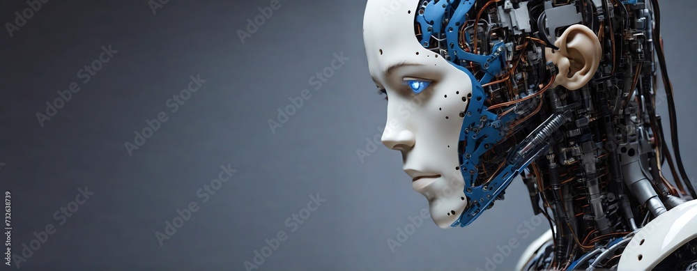 A profile view of a humanoid robot with a visible intricate blue circuitry inside the head, reflecting advanced artificial intelligence technology.