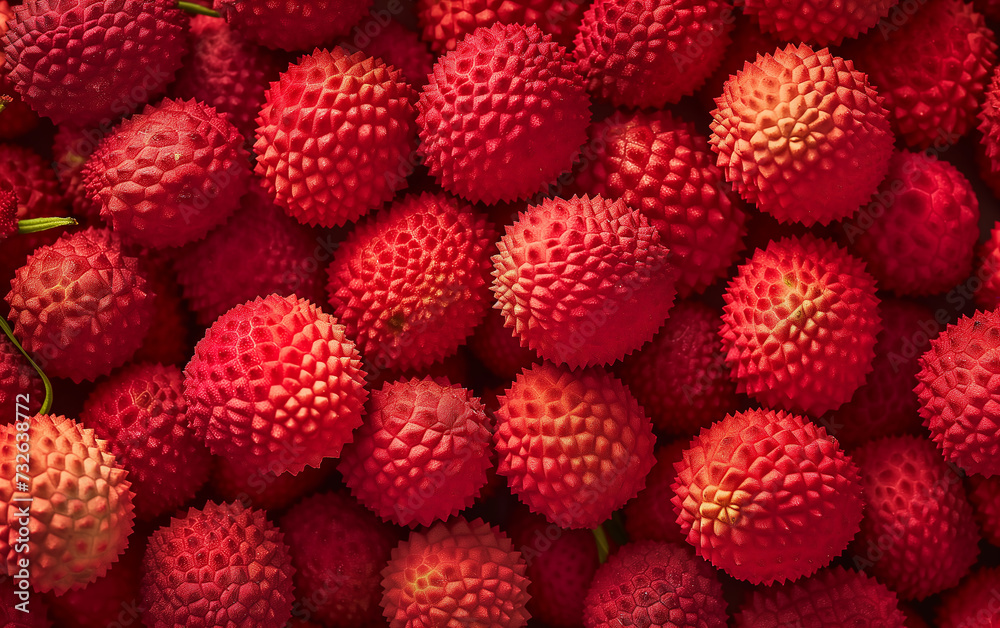 Close-up of Lychee Fruit Pile with Leaves Close-up of Lychee Fruit Pile with Leaves