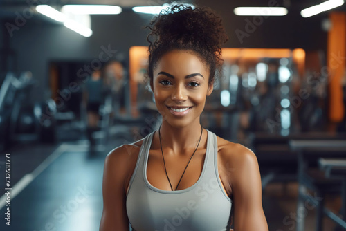 Attractive black woman in sportswear stands against the backdrop of a gym and exercise equipment. Personal trainer in a sports club smiles and looks at the camera.