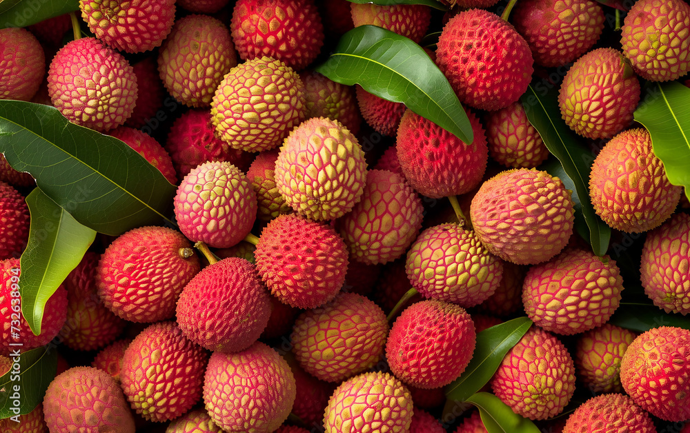 Close-up of Lychee Fruit Pile with Leaves Close-up of Lychee Fruit Pile with Leaves