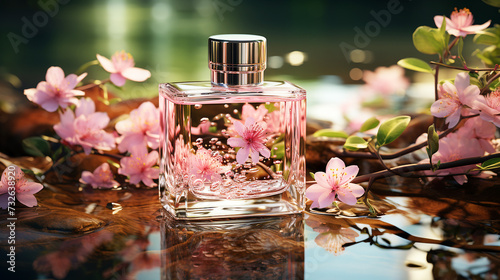 Empty bottle on flowing water with beautiful pink flowers