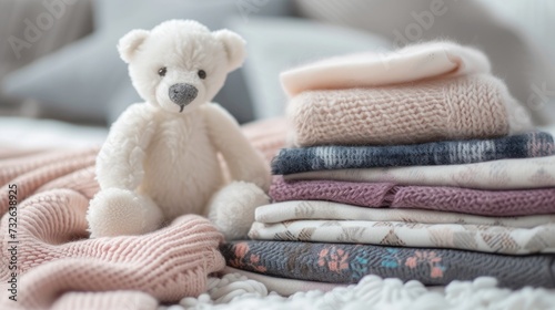 Soft and stylish interior with a plush white bear doll and a stack of gentle fabric in pink, gray, and blue, setting the tone for a comforting and chic hom © pvl0707