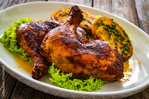 Baked chicken thighs with fried potatoes on wooden table 