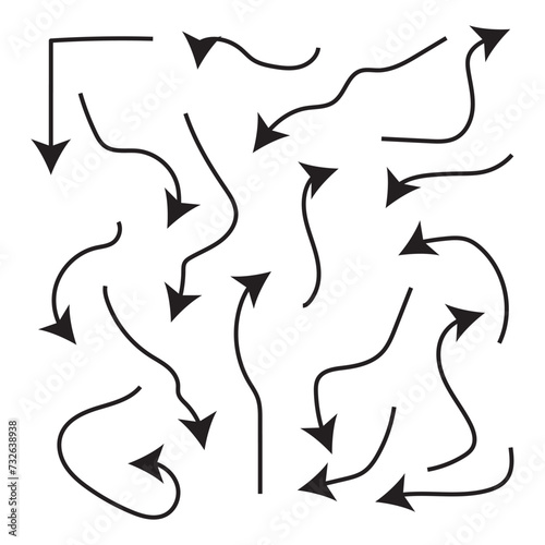 Doodle arrows. Hand drawn line pointers, pencil sketch elements, round curly wavy direction arrows. Vector linear black arrow set isolated on white background in eps 10.