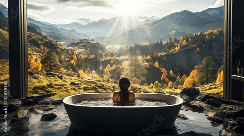 Woman in bathtub with mountain view background