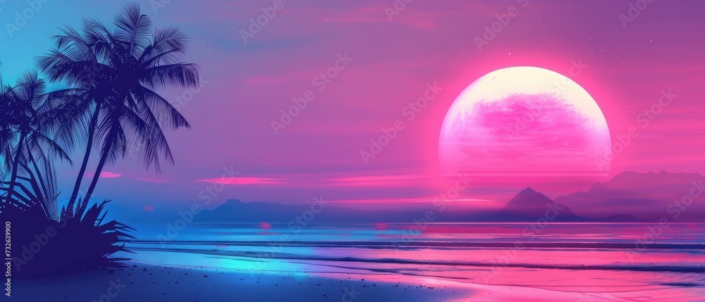 Synthwave Retro Blue And Pink Palms With Sunset  Background Wallpaper