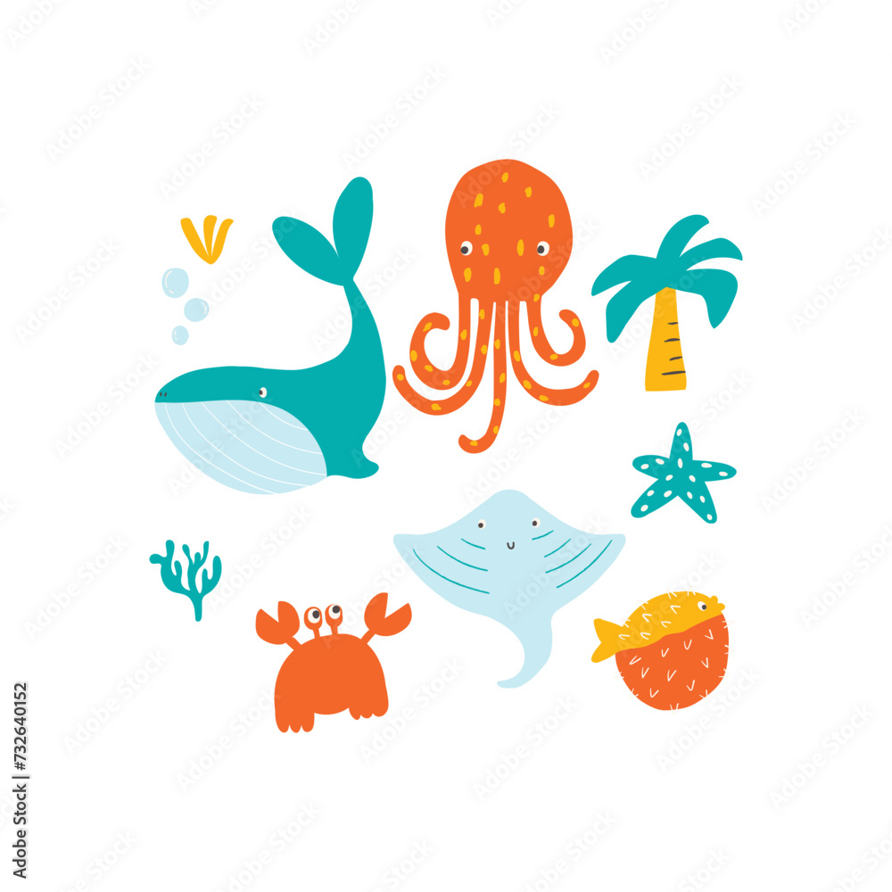 Cute marine character vector print